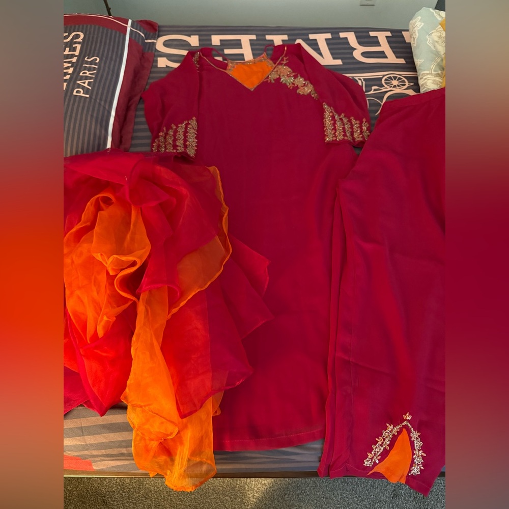 Beautiful georgette dark pink kurta pants with dupatta